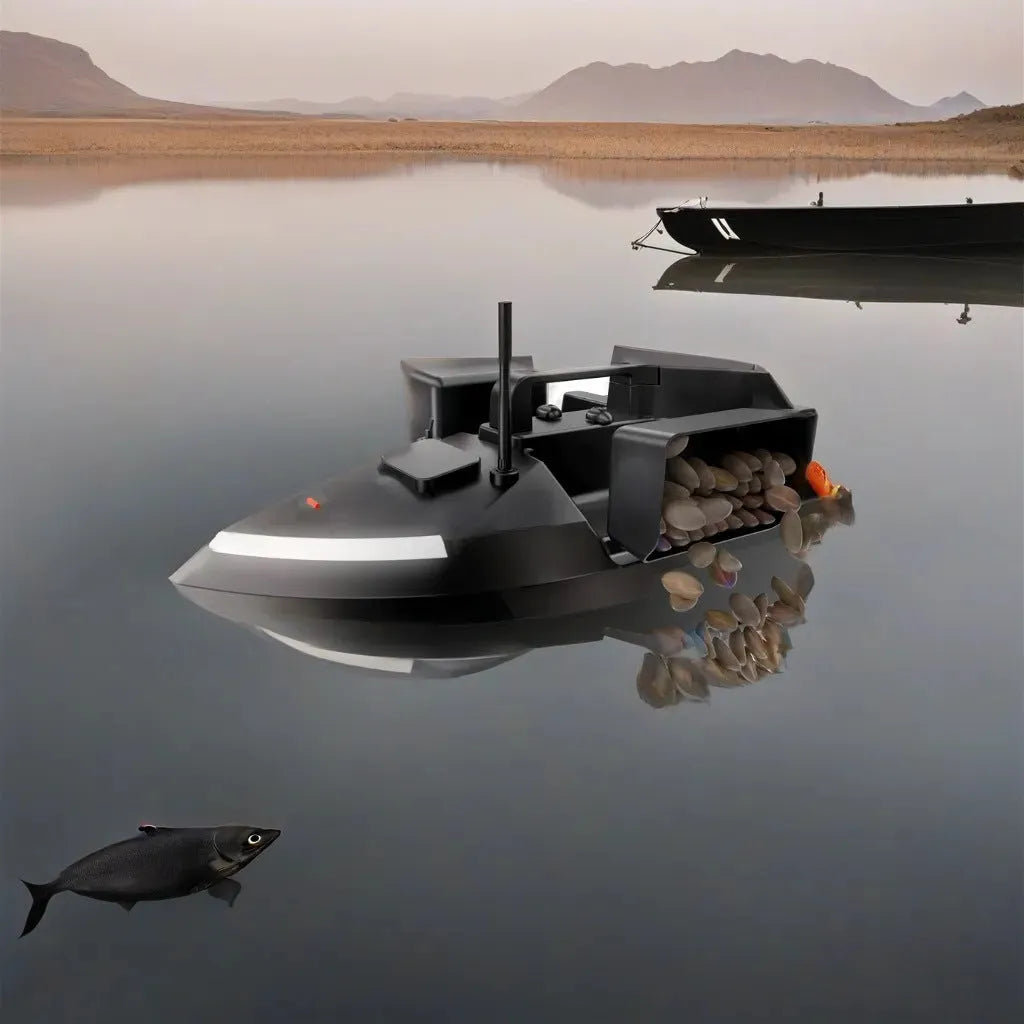 V020 model remote control fishing boat with GPS antenna showing 49cm length and black or luminous yellow colour options