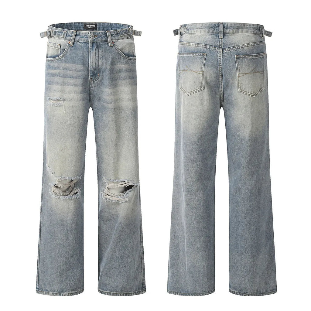 Men's blue straight-leg retro jeans with zipper fly in cotton blend fabric
