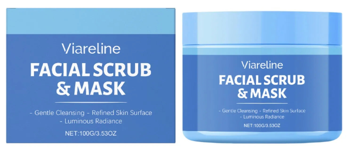 100g tube of facial scrub with walnut shell powder and citrus extracts on white background