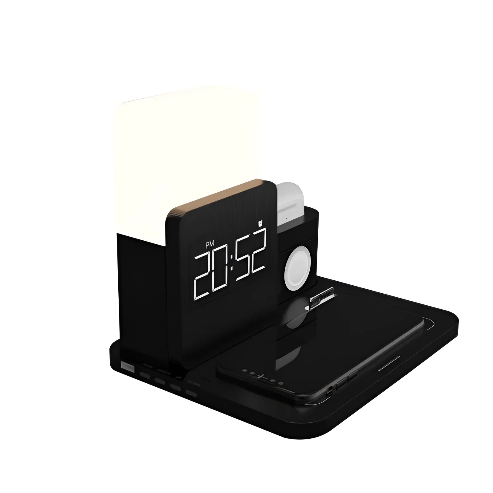 3-in-1 wireless charging stand in black showing slots for smartphone, smartwatch and earbuds case