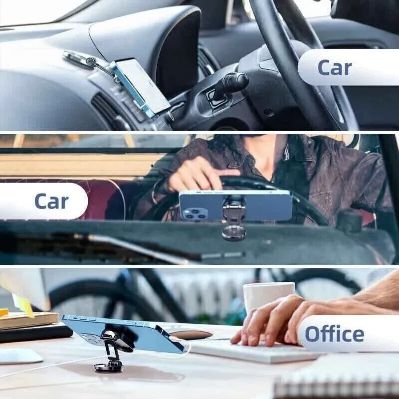 Stainless steel magnetic car phone holder showing folded and extended positions