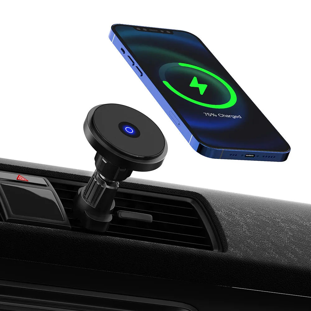 Metal 15W magnetic fast charging car wireless charger air outlet bracket in silver and black colours