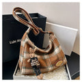 Large capacity soft woolen shoulder bag for women in khaki with pendant, horizontal square shape with sewing line detail.