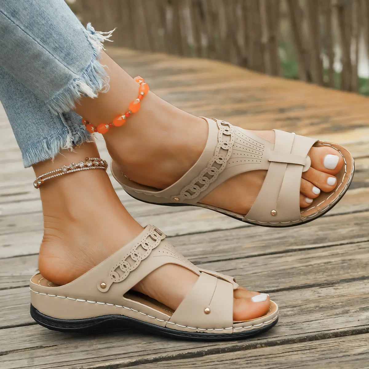 Roman style slope heel slippers with fish mouth toe design in PU leather and rubber sole