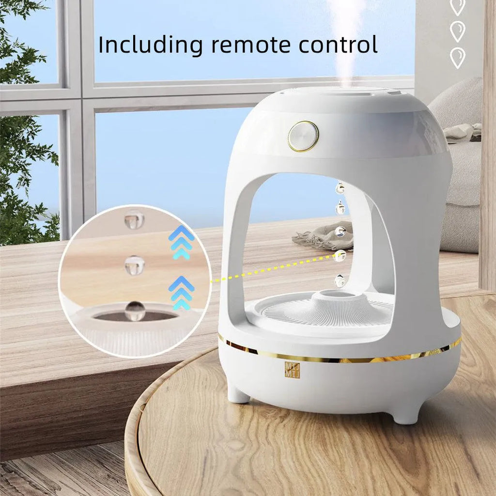 Anti gravity levitating water drops ultrasonic humidifier with LED night light in rose gold and white on a desk