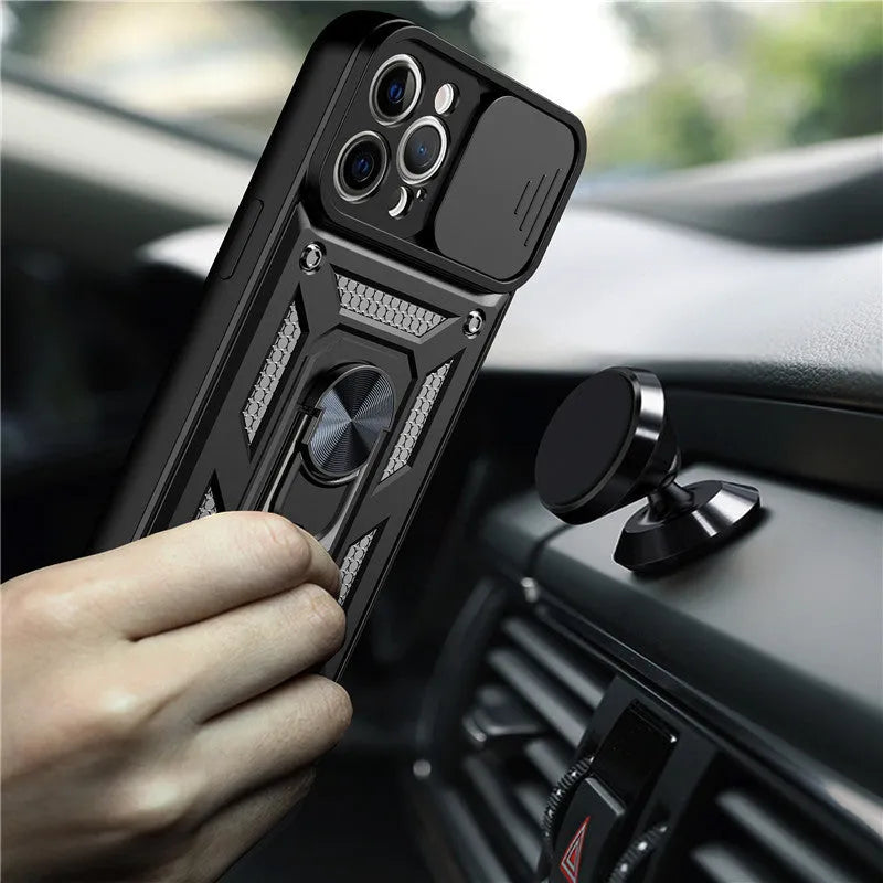 Sergeant sliding window mobile phone case with magnetic bracket in blue for iPhone showing open window