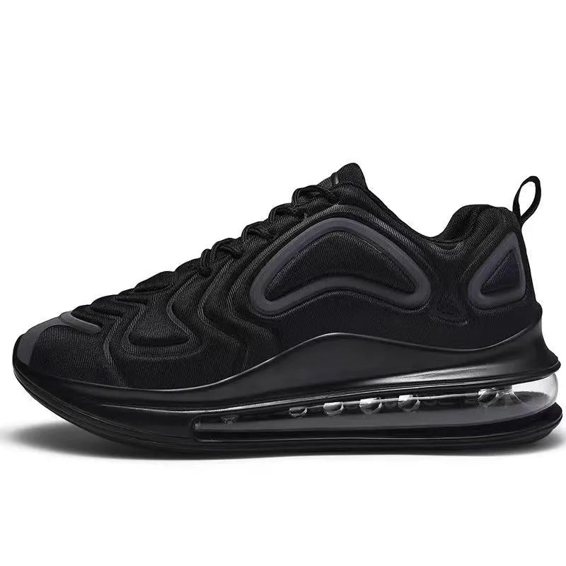Men's black casual sneakers with a thick sole and lace-up design for running and sports.
