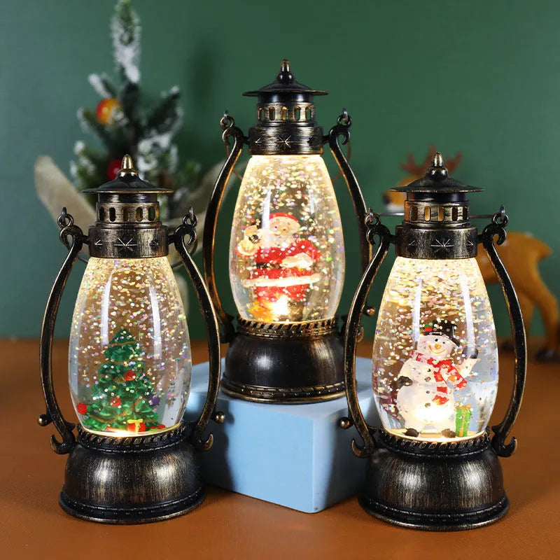 Portable oil lamp Christmas ornament with light-emitting crystal ball and snowman design