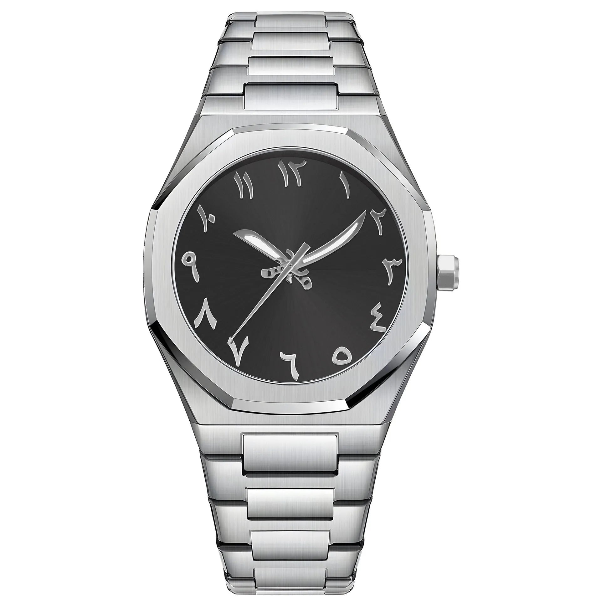 Men's business casual steel belt quartz watch showing black and silver colour options