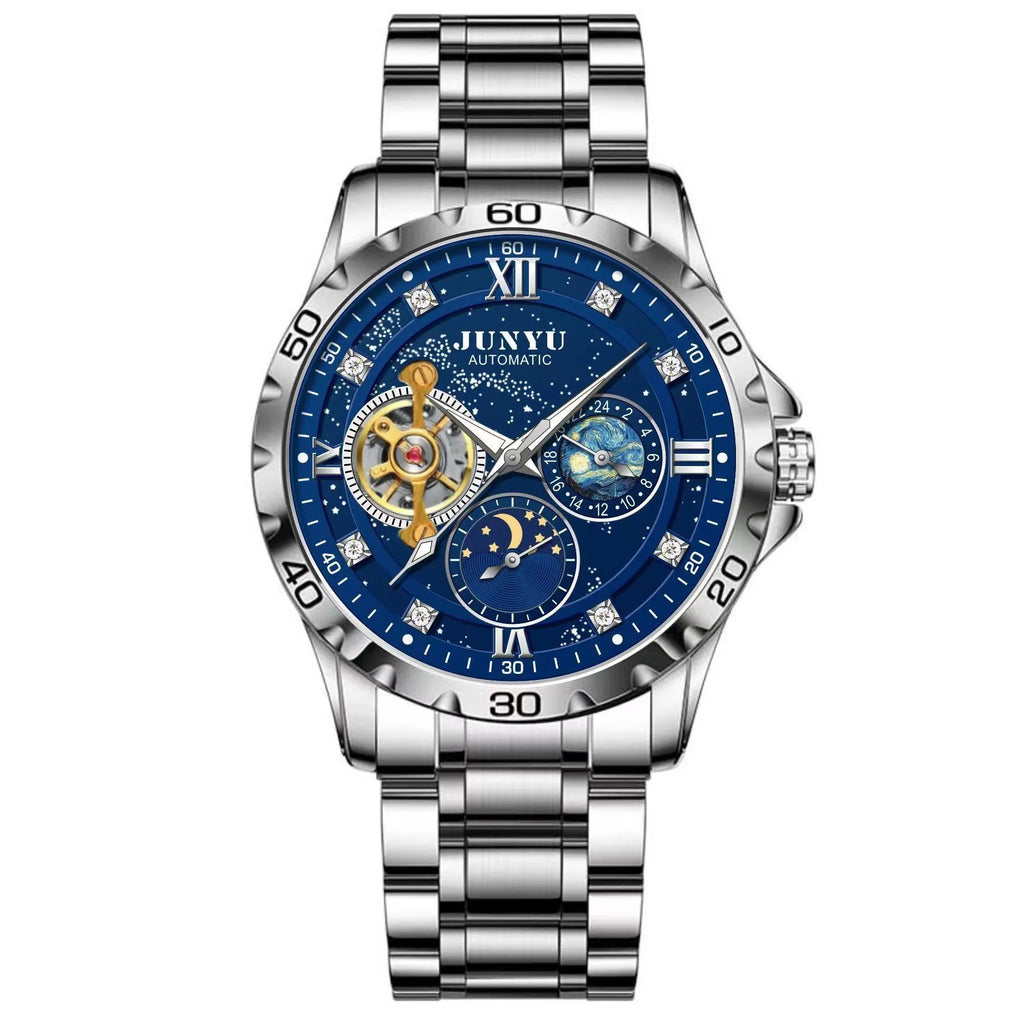 Men's waterproof automatic mechanical watch with luminous hands in rose gold black starry sky face option