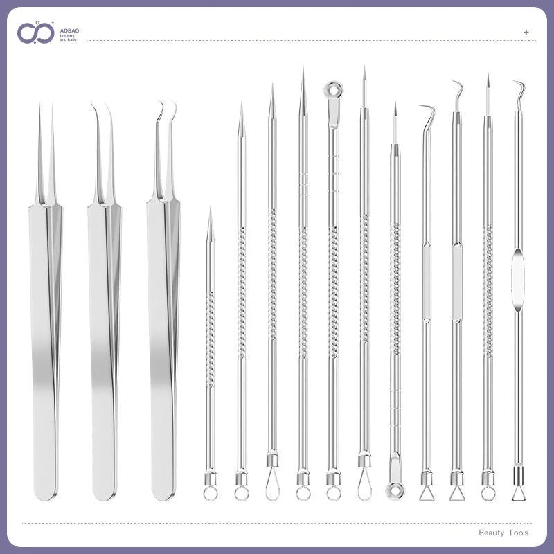 Four silver metal acne needles with ultra-fine points for blackhead removal.