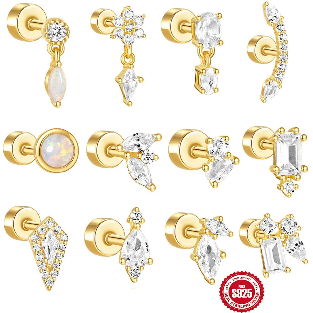 S925 sterling silver flat column thread ear bone studs in a gold electroplated finish.