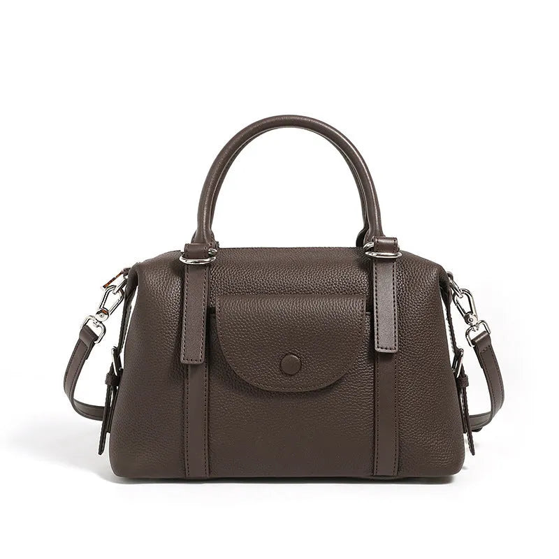 Genuine leather ladies handbag in black with contrast stitching and lock hardware