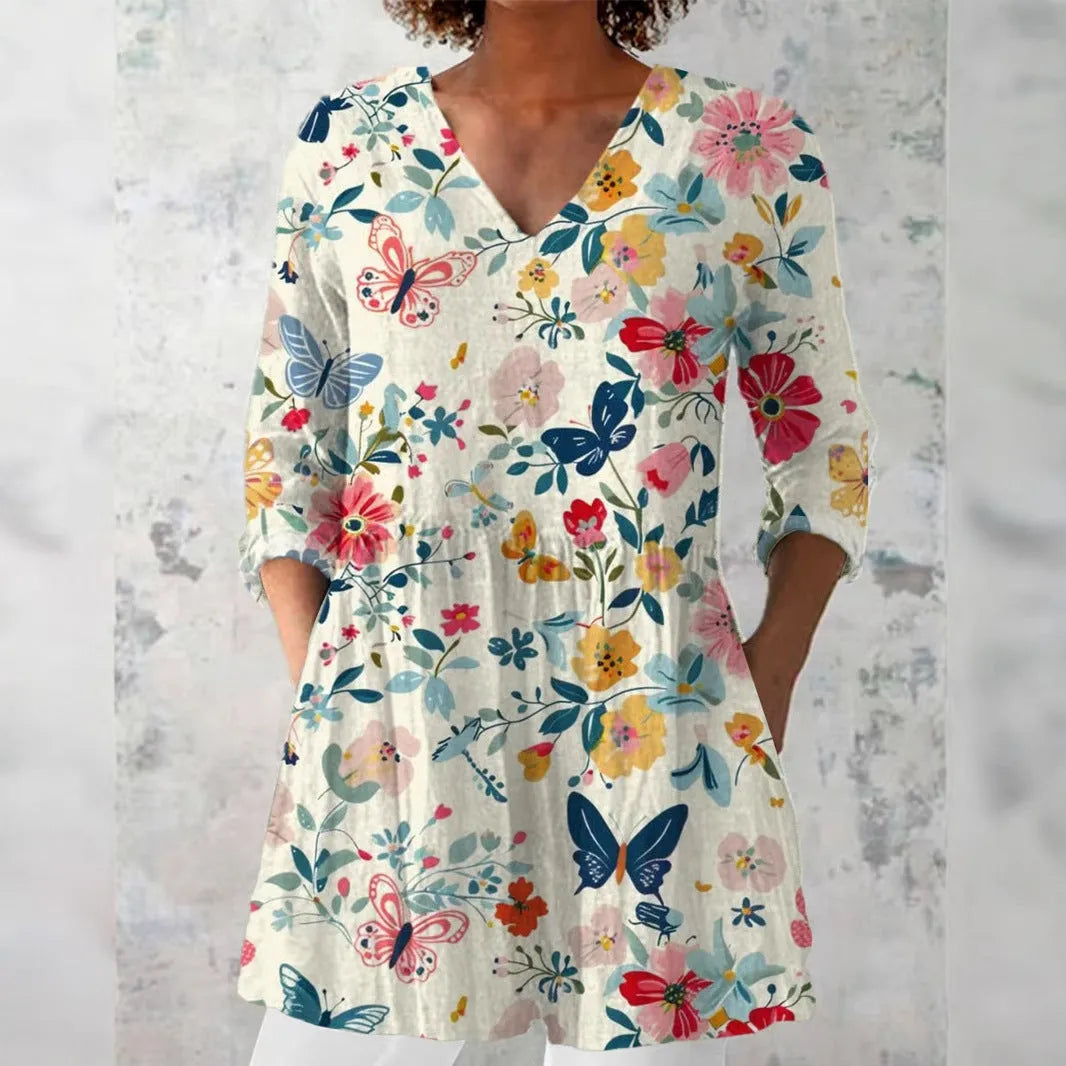 Women's retro printed long sleeve top in slim fit, shown in a colour option with digital print design.