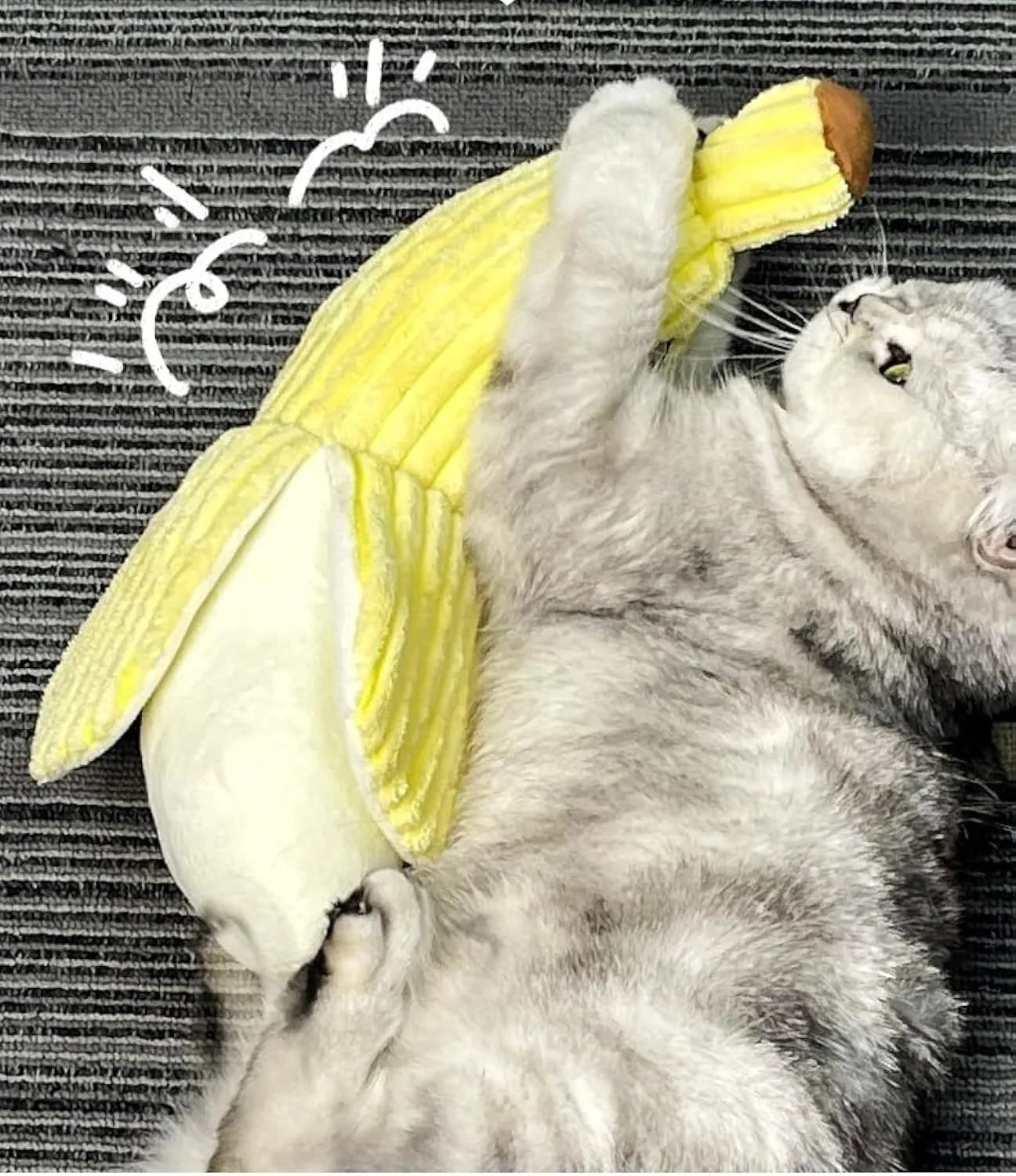 Yellow banana-shaped cat crinkle toy with plush fabric and visible texture details