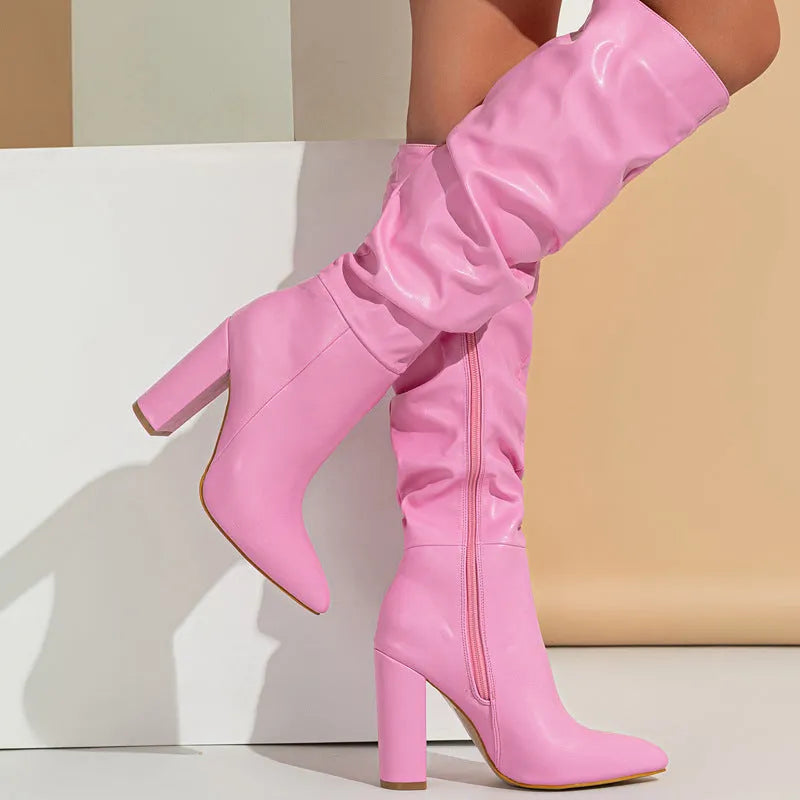 Pink women's pointed toe high heel boots with side zipper and super high heel above 8cm