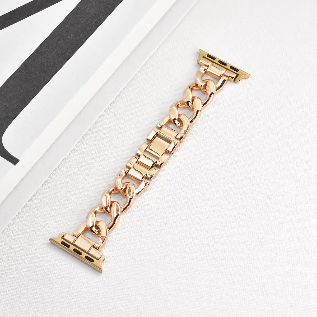 Denim chain metal Apple Watch compatible strap in silver, black, gold, rose gold, and starlight colours for 38-49mm cases.