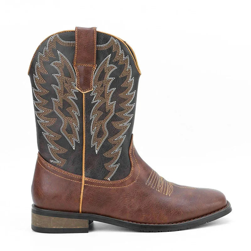 Men's retro western denim square toe motorcycle boots with embroidery, low wedge heel, black colour