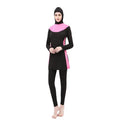 Conservative long-sleeved hooded women's swimsuit in black with coloured trim.