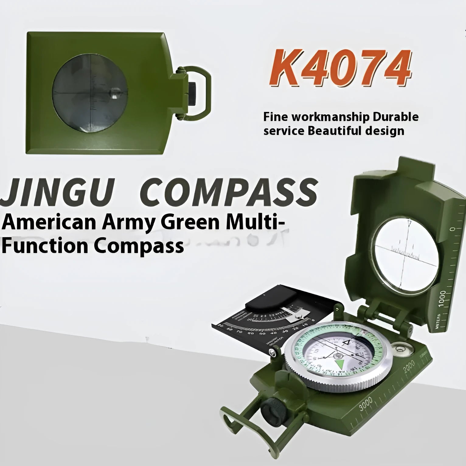 K4074 high-precision outdoor compass with metal body, hanging rope, and ring on a wooden surface