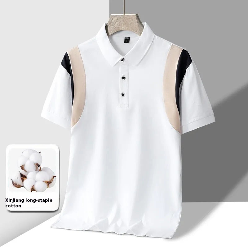 Man wearing a thin striped cotton t-shirt with a business lapel collar and short sleeves.