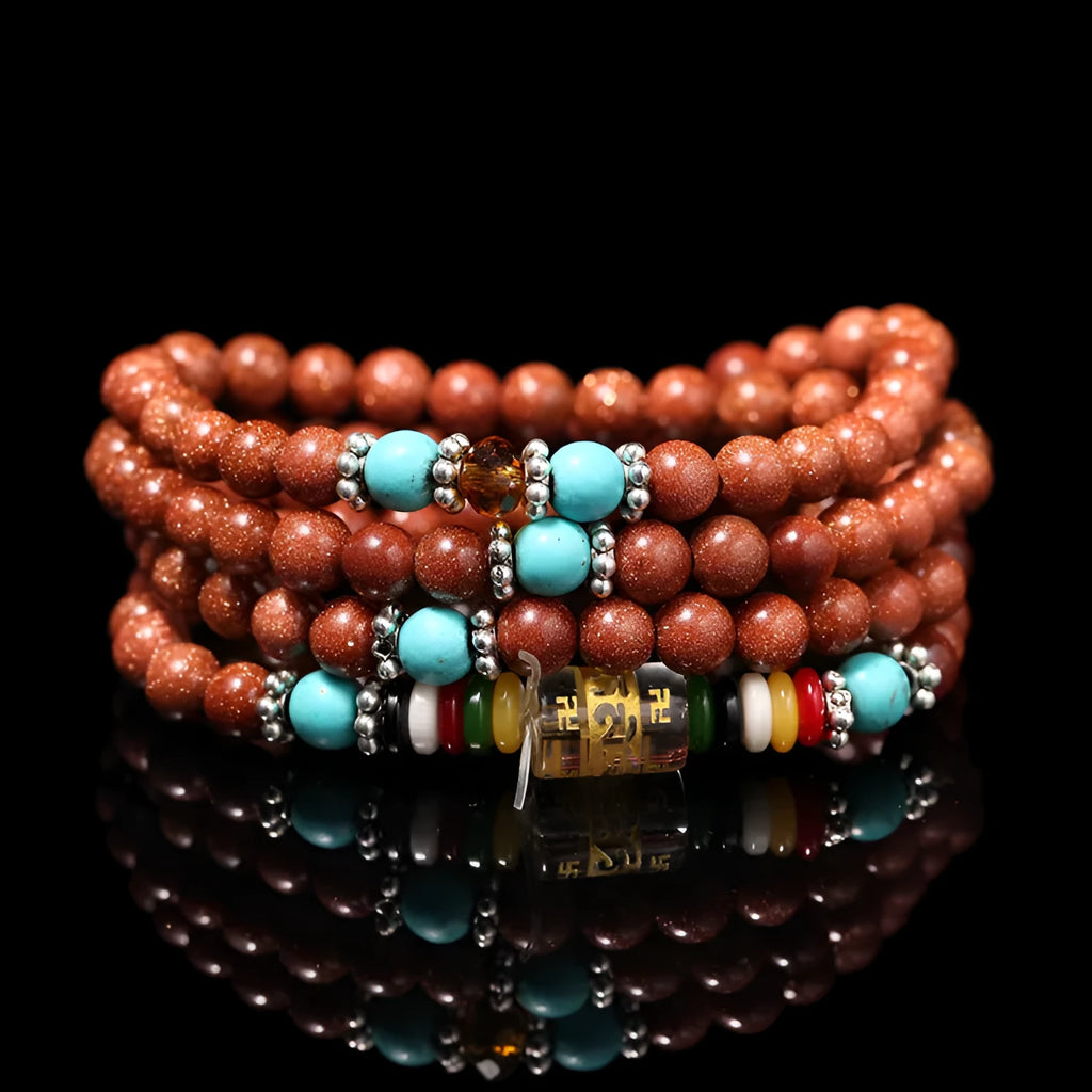 Golden star stone bracelet ornament with 108 nugget pieces and multi-circle design featuring fu character