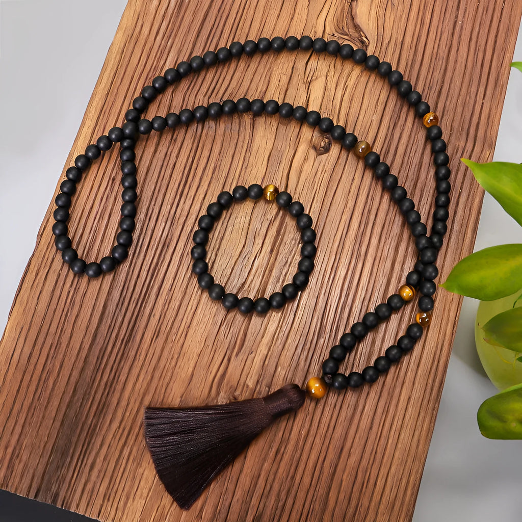 Tiger eye beaded bracelet and necklace set with 108 stones, drop-shaped tassel pendant, and 81cm circumference