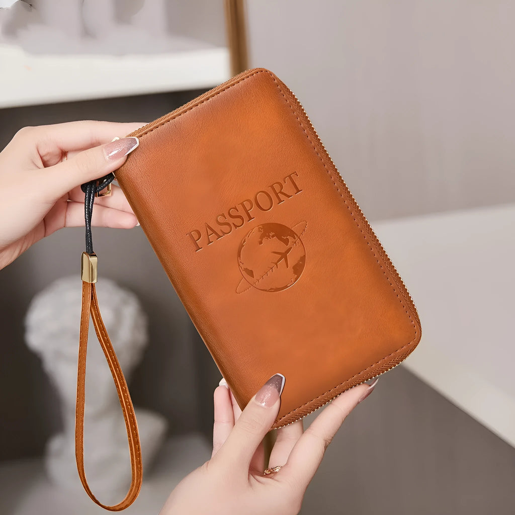 Multifunctional travel document package in brown PU with letter print, anti-theft card slot and 18.5x2.5x11cm size