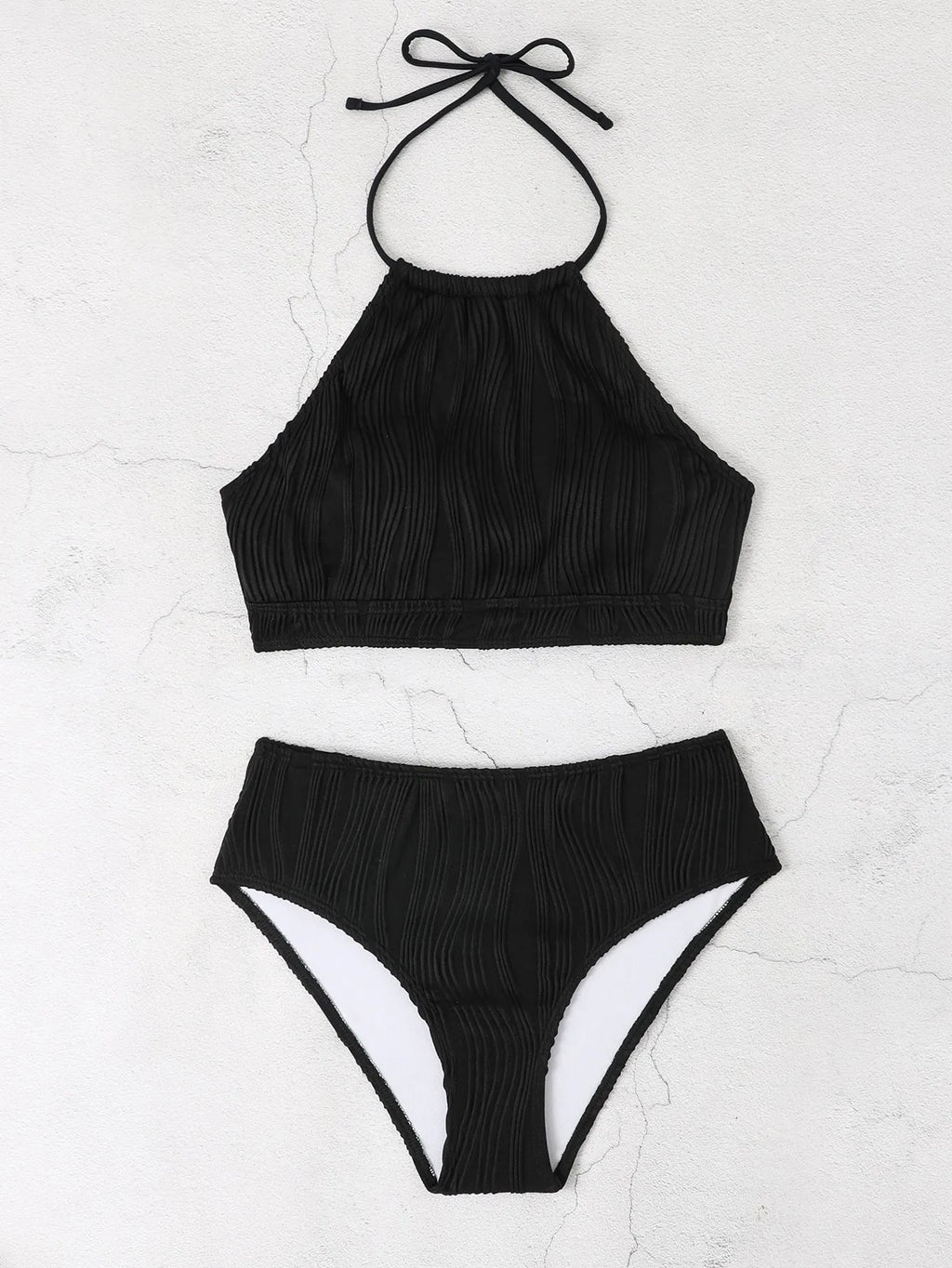 Women's high waist apron conservative swimwear two piece set in solid colour, polyester fabric, available in white apricot and black