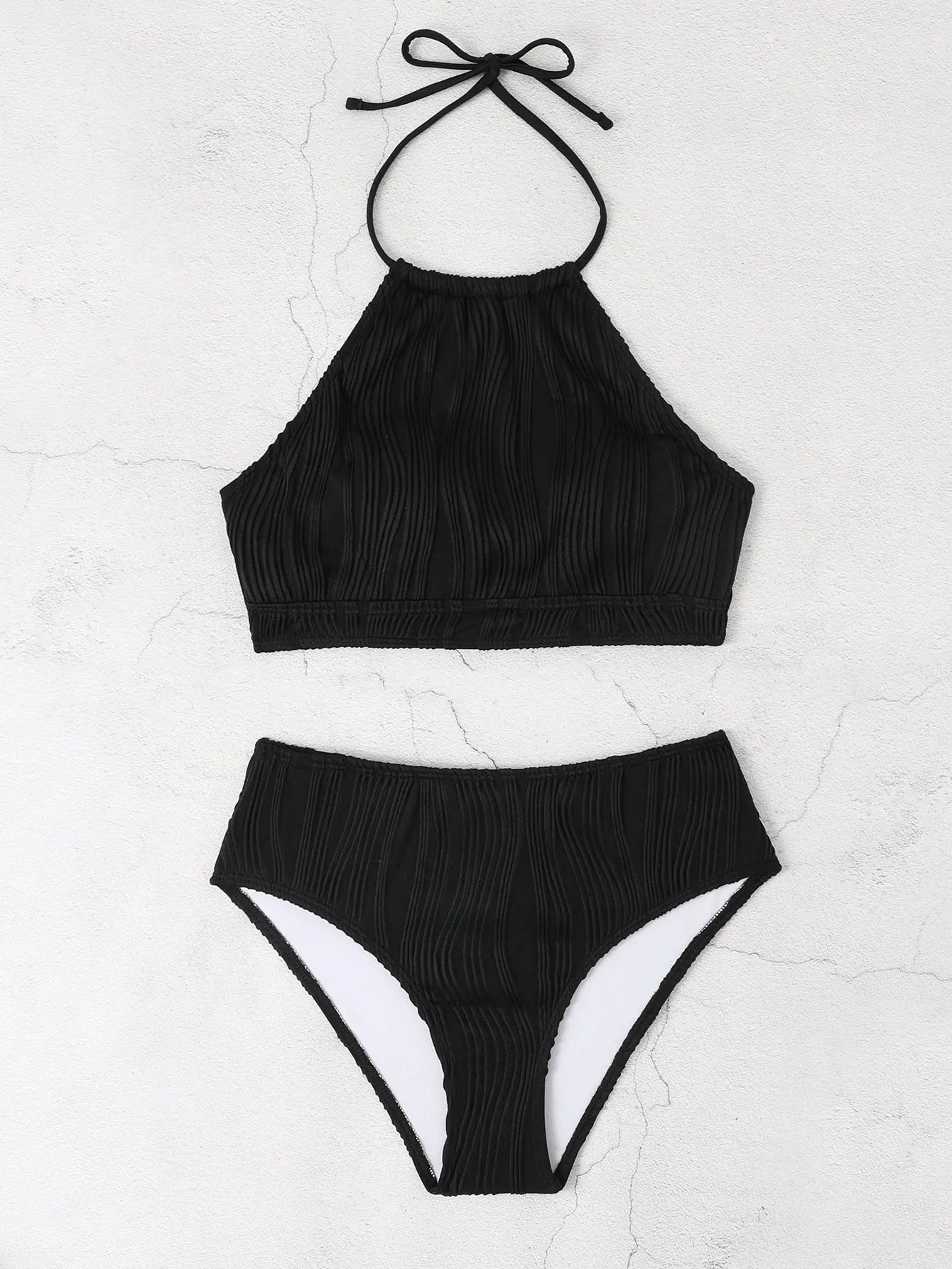 Women's high waist apron conservative swimwear two piece set in solid colour, polyester fabric, available in white apricot and black