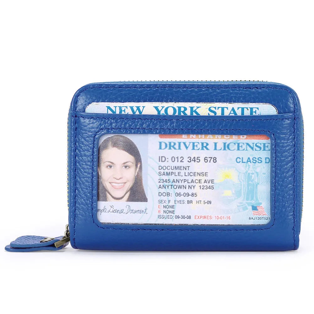 Cowhide double layer zipper expanding card holder in red with anti-theft RFID protection and gift box