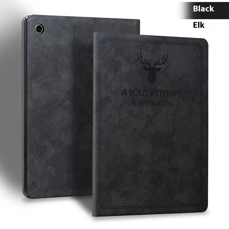 Black deer pattern TPU leather clamshell case for Apple iPad showing soft shell protection