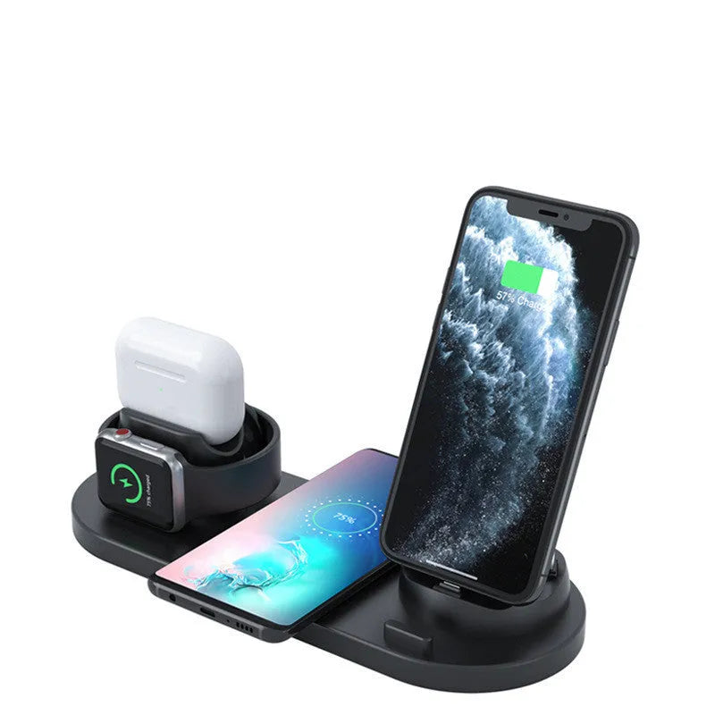 Multifunctional 6-in-1 wireless charging mobile phone holder, ABS PC fireproof, 10W, 23 x 9 x 12.5cm, black