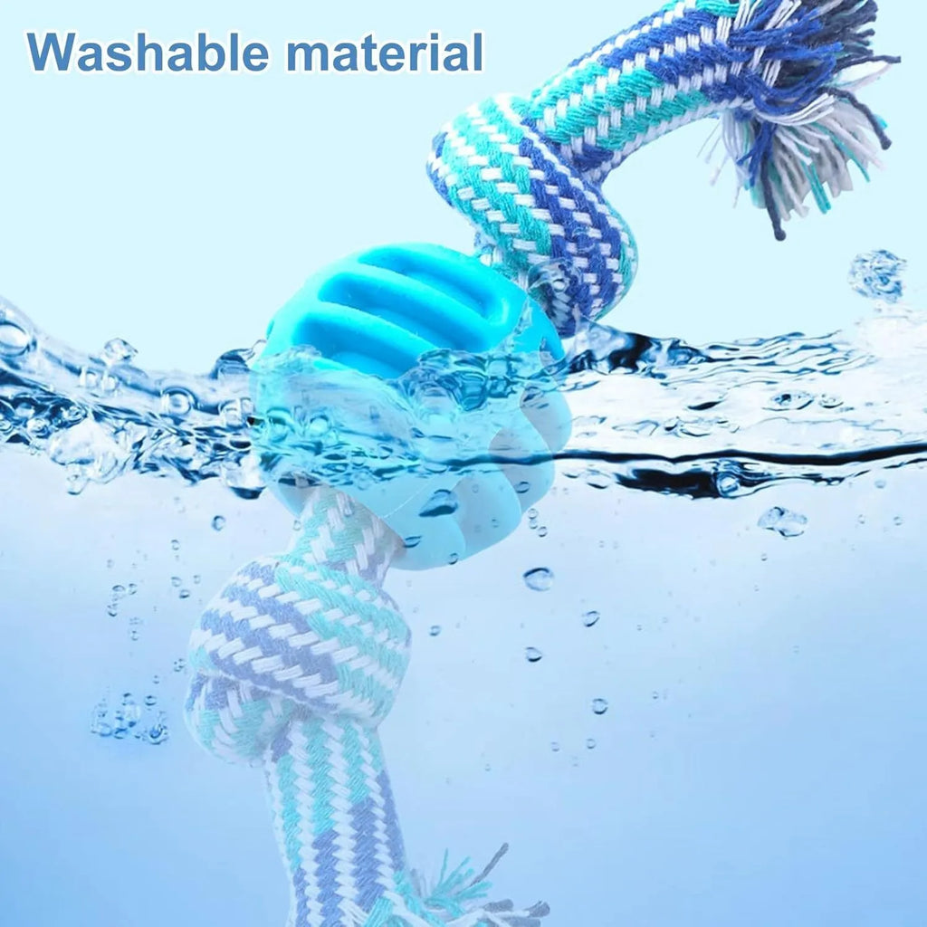 Blue dog chew toy with rope construction for dental cleaning and moderate chewing