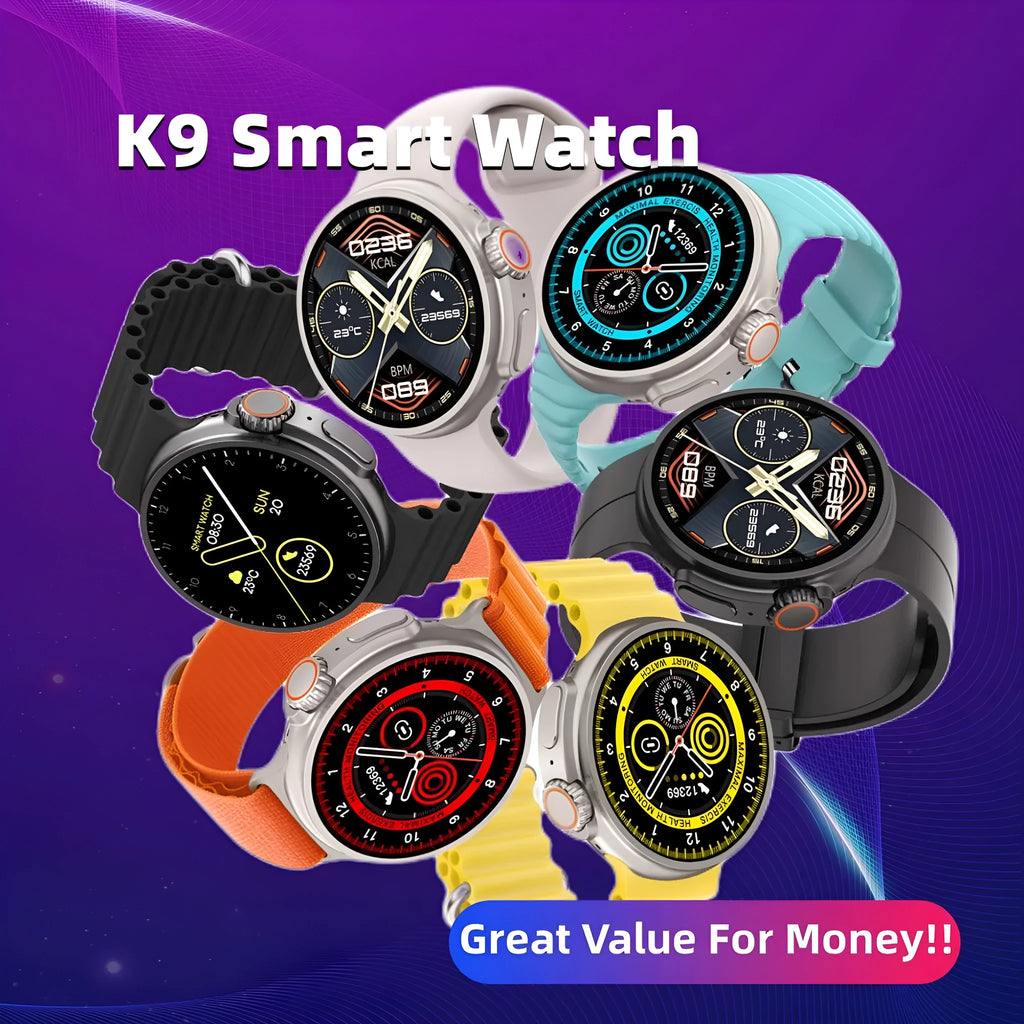 K9 smart watch with round screen on silicone strap showing health metrics display