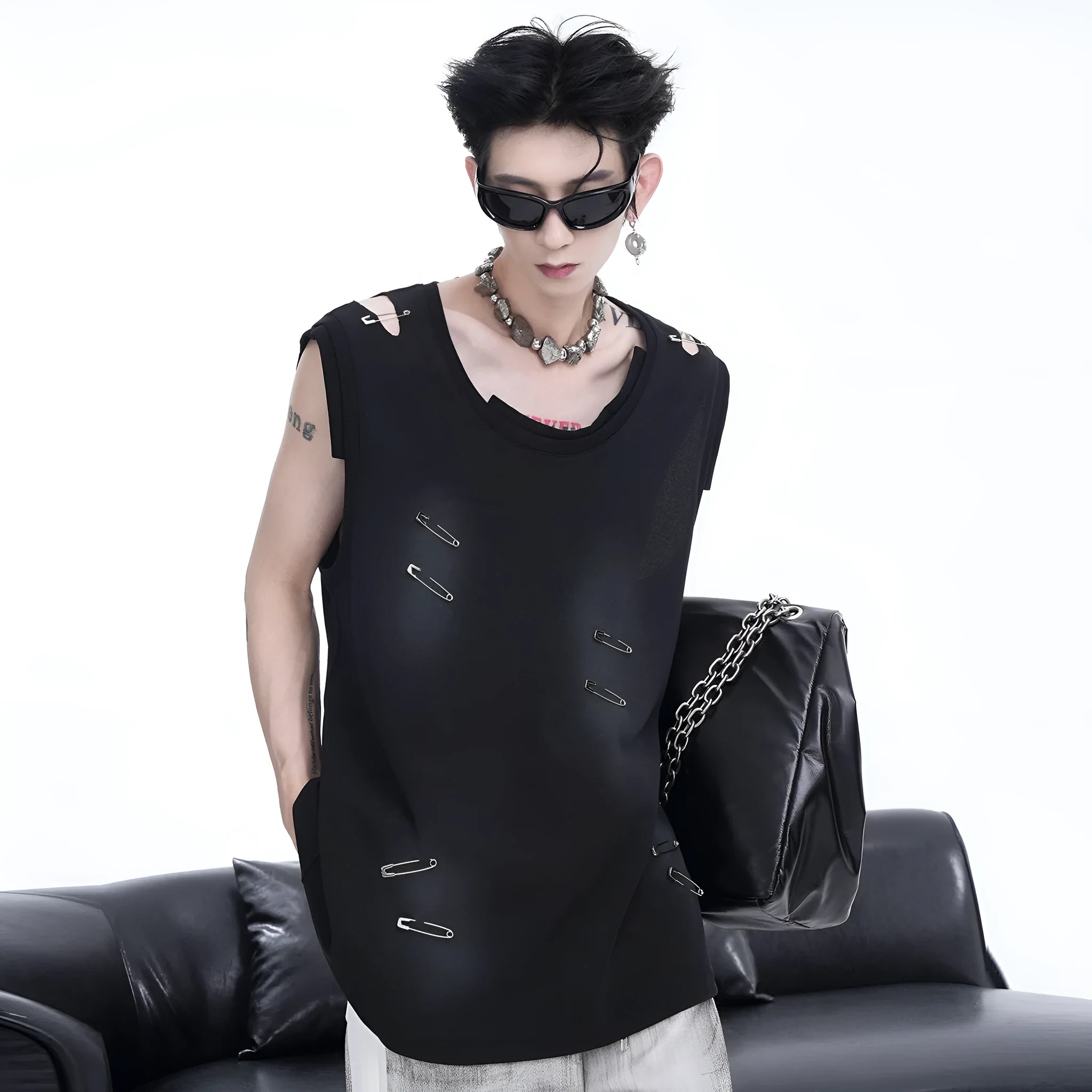Men's black distressed waistcoat vest with irregular cut edges and sleeveless design