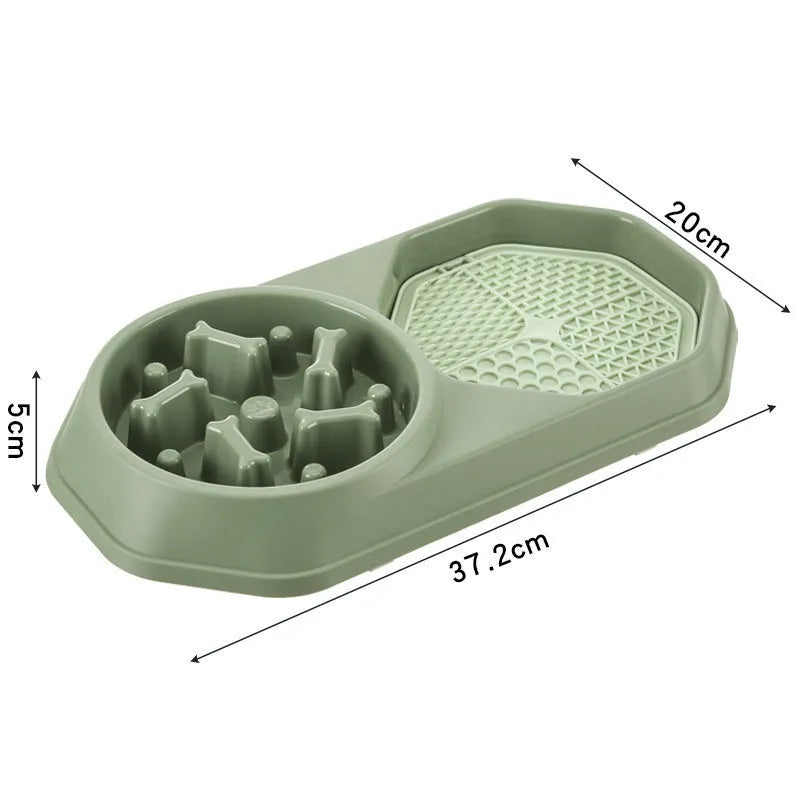 Blue slow feeder interactive dog bowl with maze pattern and non-slip base for healthy eating.