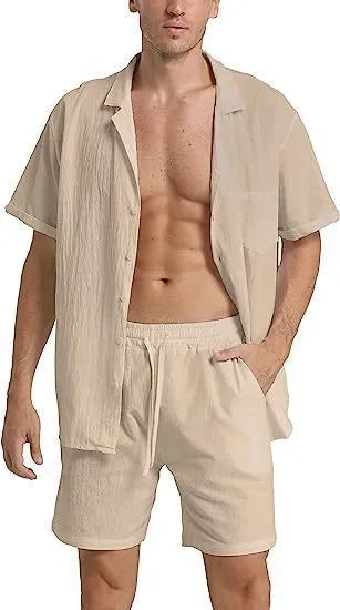 Men's summer sports short-sleeved shorts suit in linen blend black colour front view