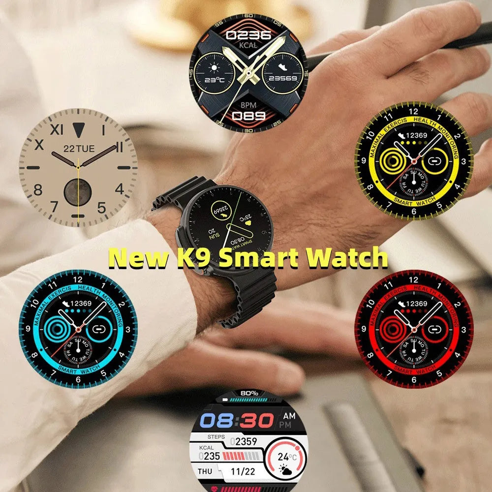 K9 smart watch with round screen on silicone strap showing health metrics display