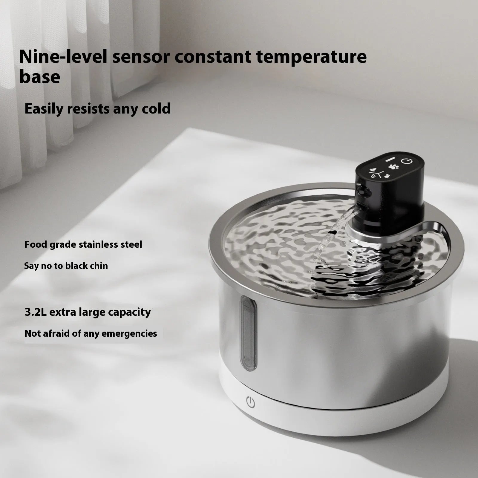 Stainless steel pet water fountain with temperature control base in black or white colour