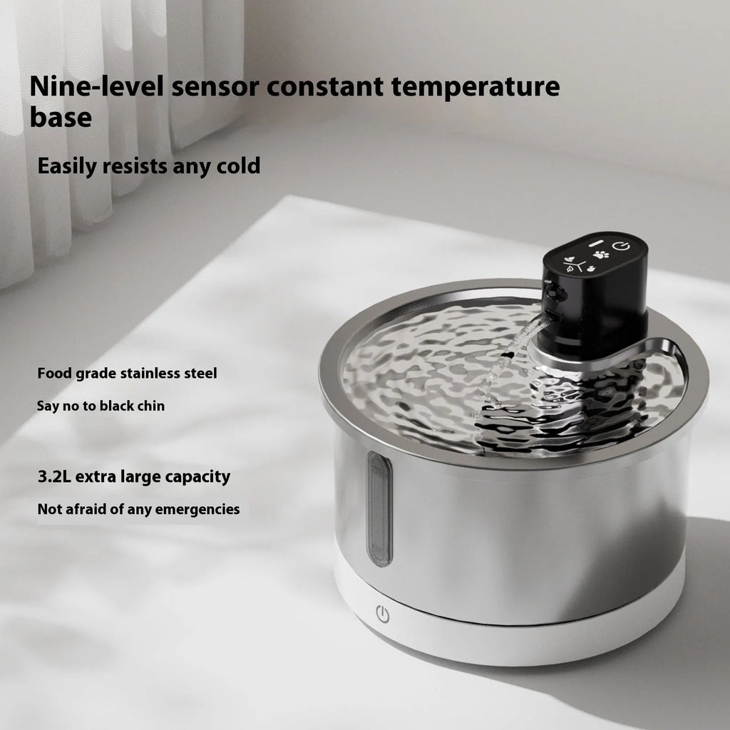 Black and white stainless steel pet water fountain with temperature control base