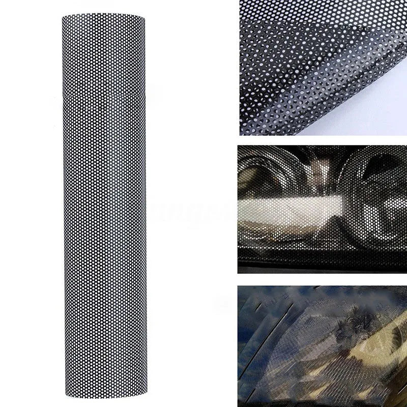 Perforated automotive colour changing film roll showing mesh design and dimensions