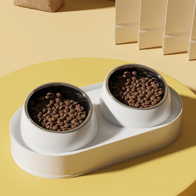 Pet double bowl feeder with 10° tilt, 12cm height, white base, and ceramic bowls on non-slip silicone pad