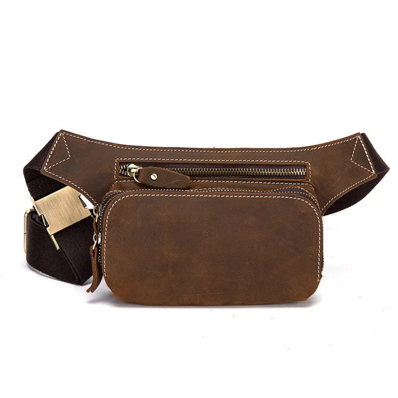 Brown top layer cow leather men's sports waist bag with a zip closure.