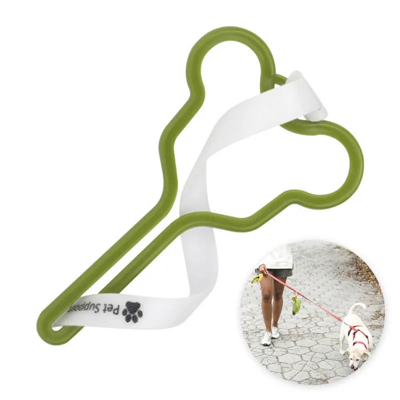 Dog poop bag holder with fixed clip and adjustable velcro strap for leash attachment