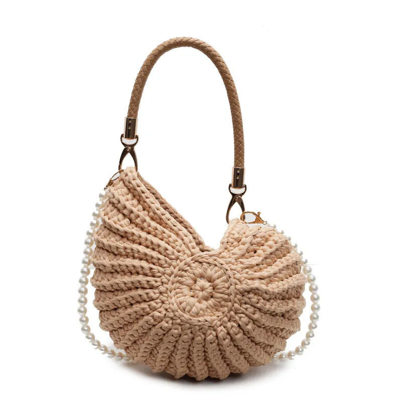 Handmade woven bag women's finished product shell shape cloth double shoulder straps milky white