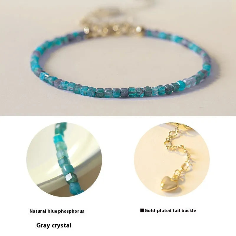Women's natural blue apatite crystal bracelet with diamond-shaped stones, blue and gray, adjustable fit 14-18 cm.