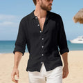 Men's loose-fit casual linen shirt in multiple colours on a hanger.