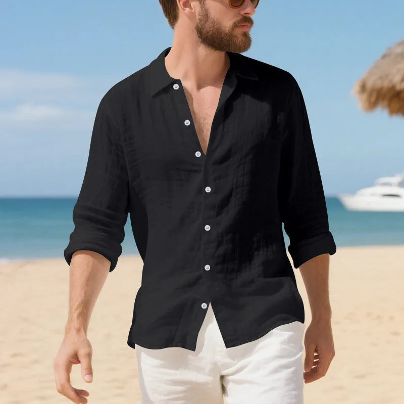 Men's loose-fit casual linen shirt in multiple colours on a hanger.