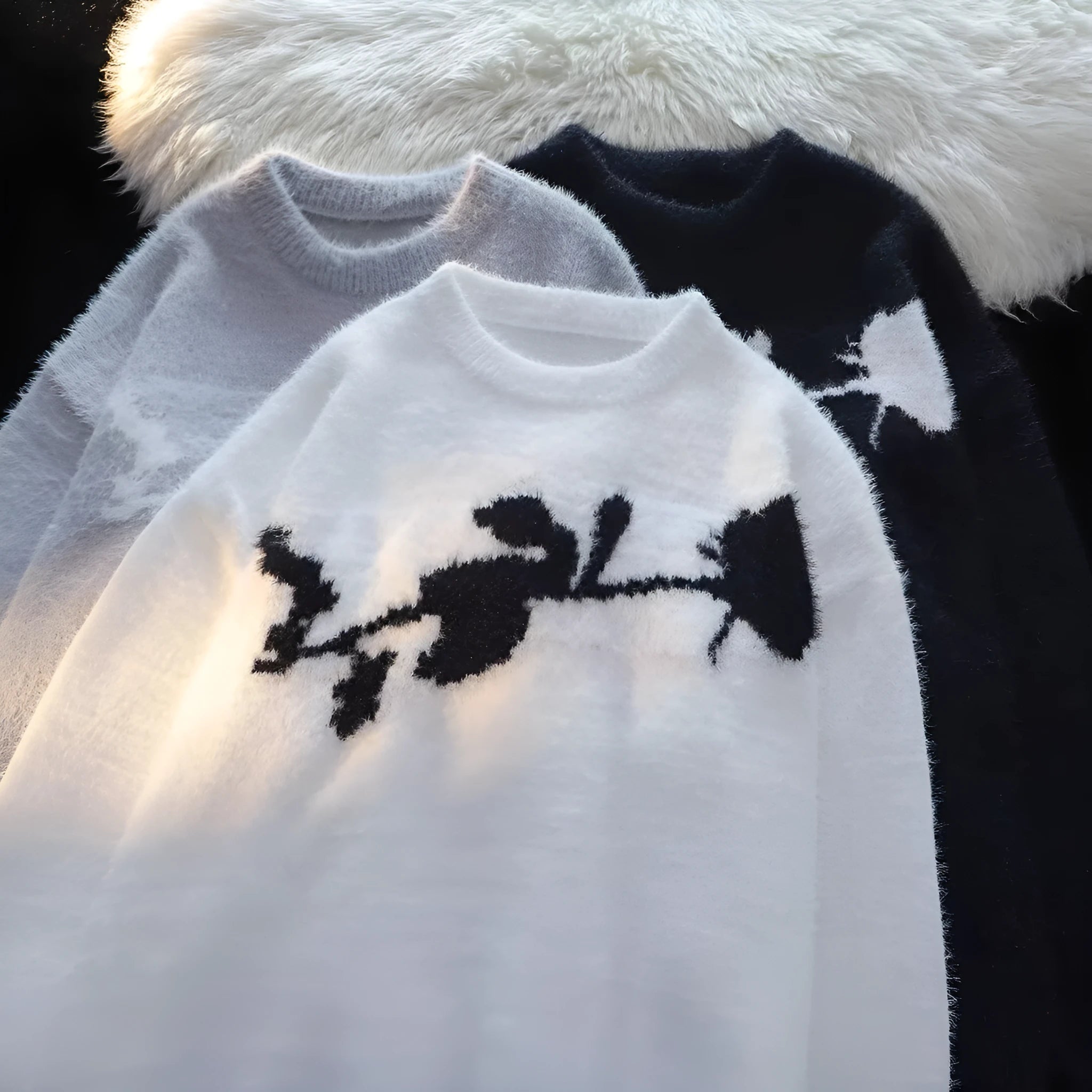 American dark rose flocking horse sweater for men, long sleeve pullover in black, cotton blend fabric